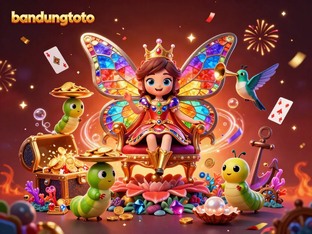 Celebrate wins at bandungtoto with vibrant 3D digital illustration of a butterfly queen amid casino elements.