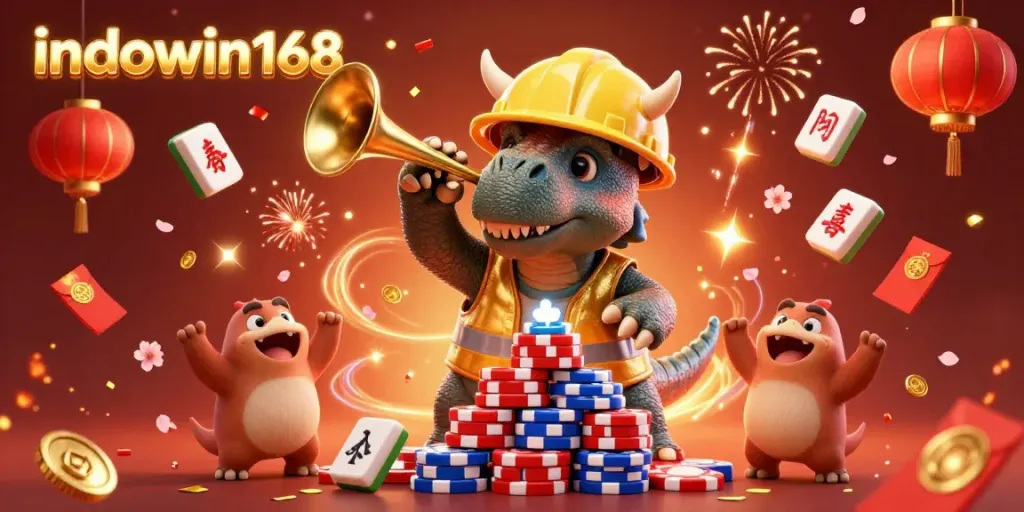 Celebrate with indowin168 as a triceratops builds a poker chip pyramid surrounded by festive gaming elements.