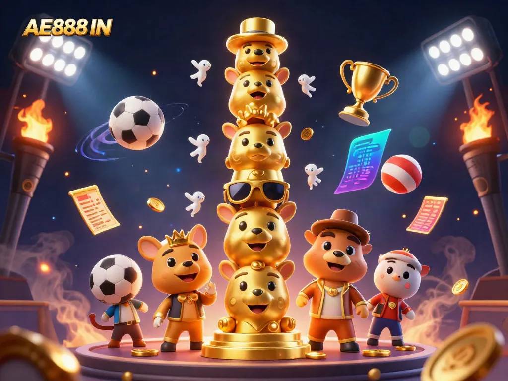 Engage with the dynamic world of AE888 IN, showcasing spirited casino characters and vibrant sports elements.