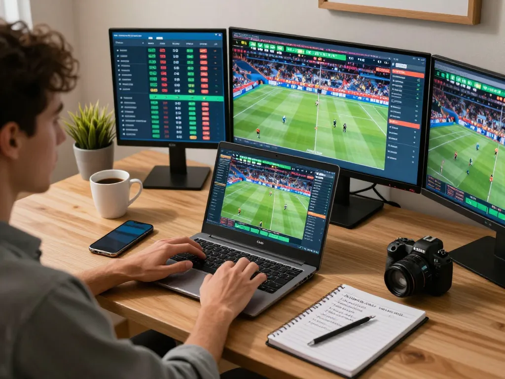 Person engaging in sports betting on fabet, analyzing odds and strategies with laptop and smartphone.