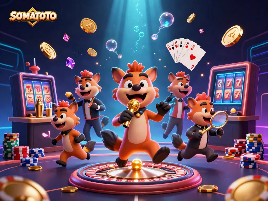 Hyenas in a casino club celebrate wins with SOMATOTO, showcasing vibrant casino elements and humor.