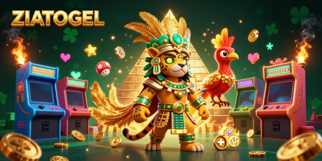 Experience ZIATOGEL's vibrant gaming scene featuring a Mayan jaguar priest and gaming elements for a unique adventure.