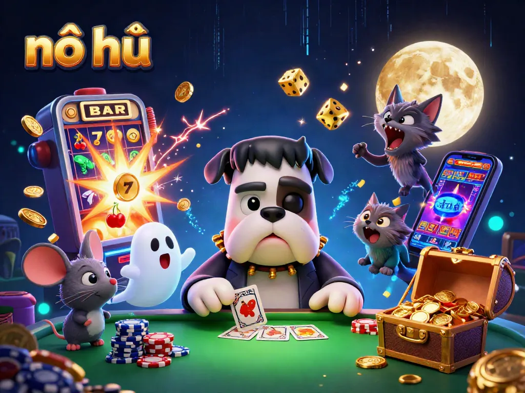 Experience nổ hũ thrills with a 3D cartoon scene showcasing vibrant casino action and characters.