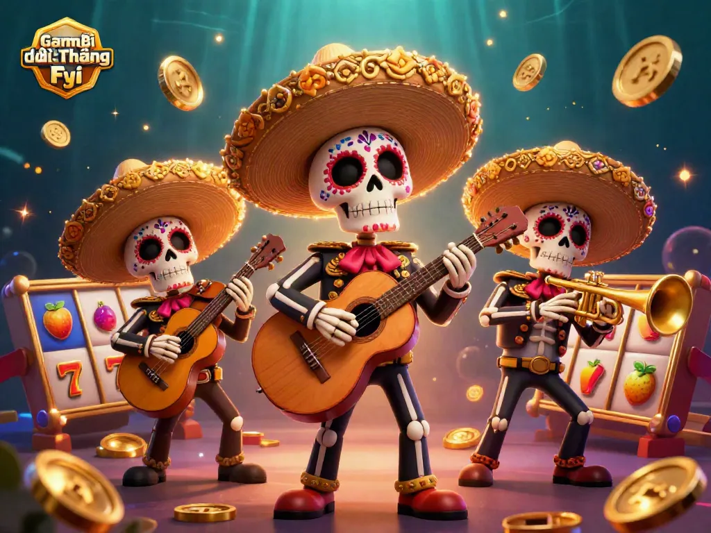 Experience thrilling slots and jackpots with Game Bài Đổi Thưởng Fyi in a vibrant illustration of a mariachi band.