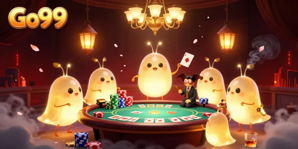 Go99 casino scene illuminated by glowworms, showcasing poker tables and vibrant game elements.