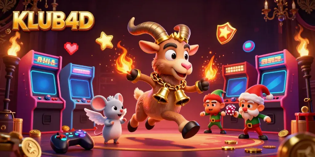 Gambarkan suasana kasino KLUB4D dengan karakter Krampus, mouse malaikat, dan gremlin mencuri chip.