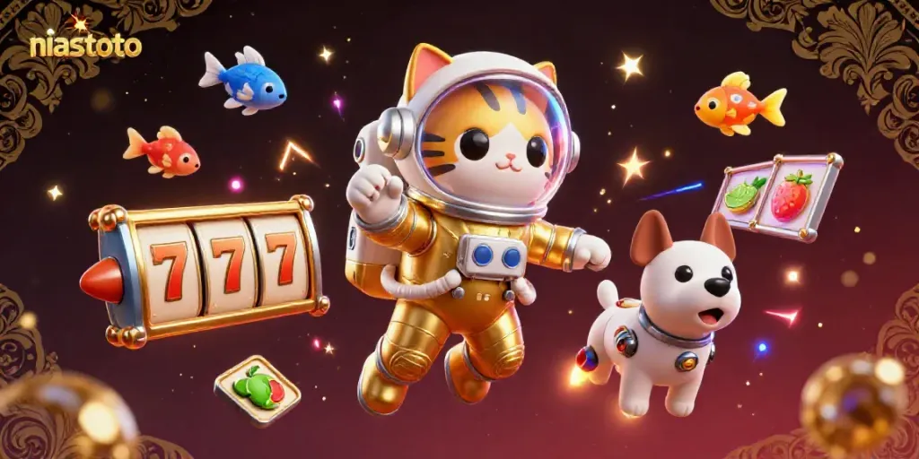Ilustrasi 3D kucing astronaut bernama niastoto bermain game slot dengan latar luar angkasa.