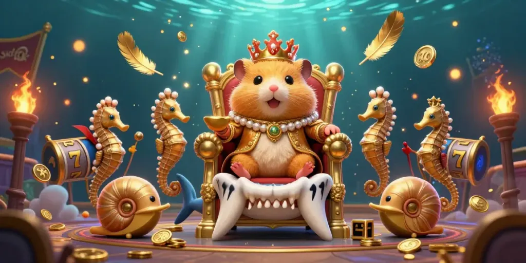 Menggunakan slot 10k, raja hamster emas bermahkota koral di singgasana gigi hiu megalodon, dikelilingi simbol slot dan koin emas.