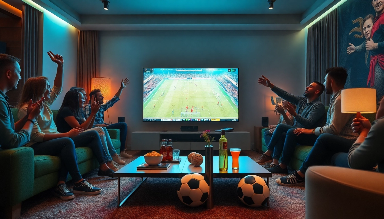 Xoilac TV live football match broadcast in an exciting home setting with fans enjoying the game.