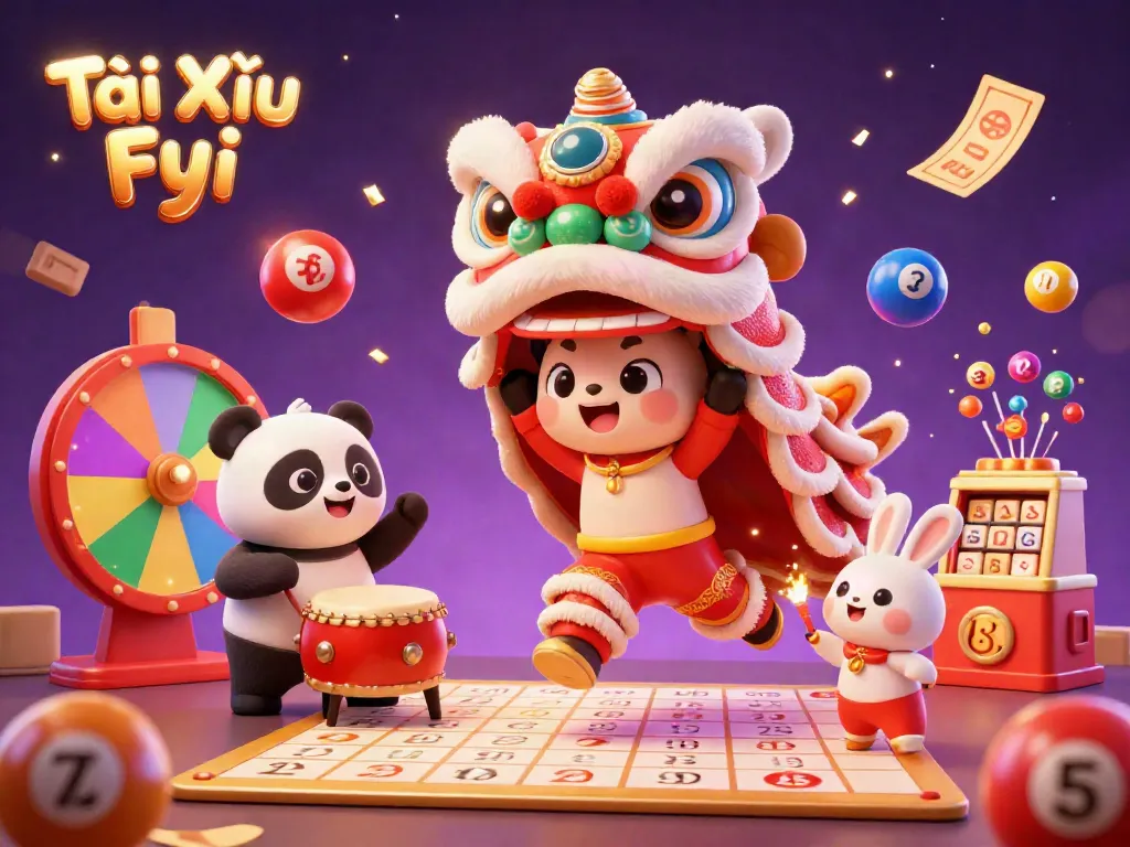 Tài Xỉu Fyi promotes excitement with lively characters amidst colorful lottery elements.