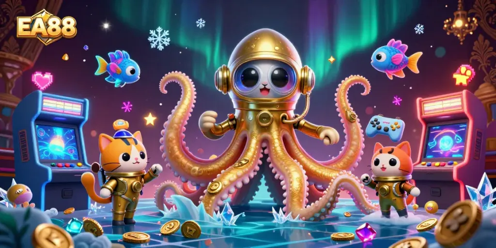 Experience thrilling gameplay at EA88 with a giant kraken, retro arcade elements, and vibrant treasure!