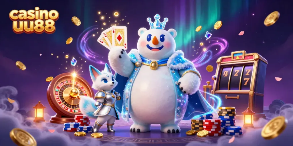 Experience thrilling moments at casino uu88 with a magical 3D polar bear and fox surrounded by casino elements.