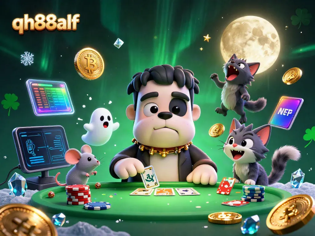 Engage in thrilling card games at QH88alf with a fun Frankenstein bulldog dealer amidst neon crypto elements.