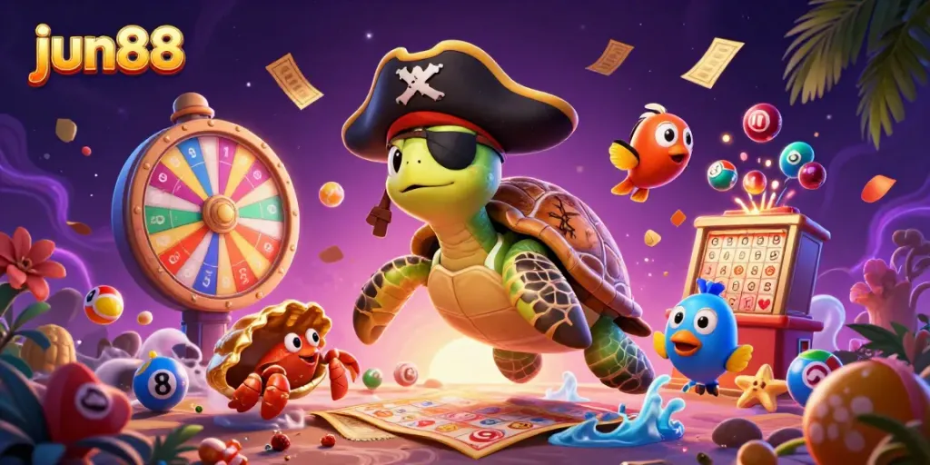 Experience thrilling moments at jun88 with a pirate turtle and friends amid colorful lottery elements.