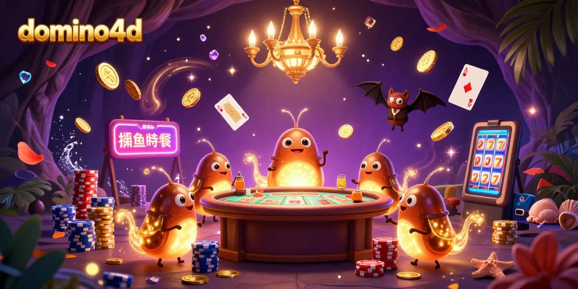 Gambar kasino gua dominan dengan domino4d, menyinari permainan kartu dan dealer kelelawar.