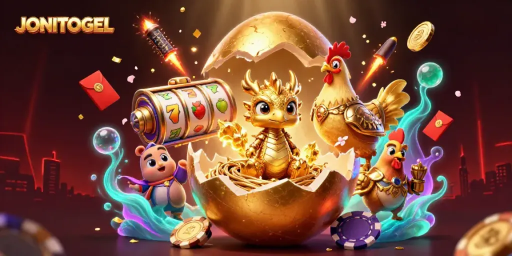 Engage with JONITOGEL’s exciting world featuring a golden dragon and casino elements, illustrating vibrant gaming action.