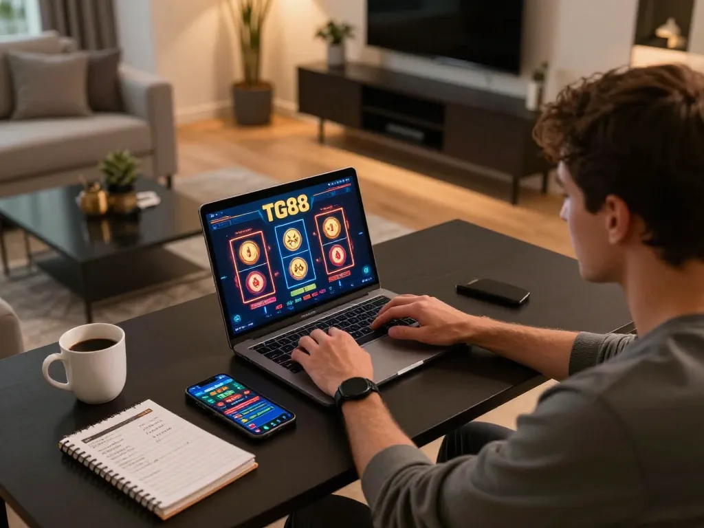 Engaging in online gaming at home with TG88, showcasing slots and strategic planning elements