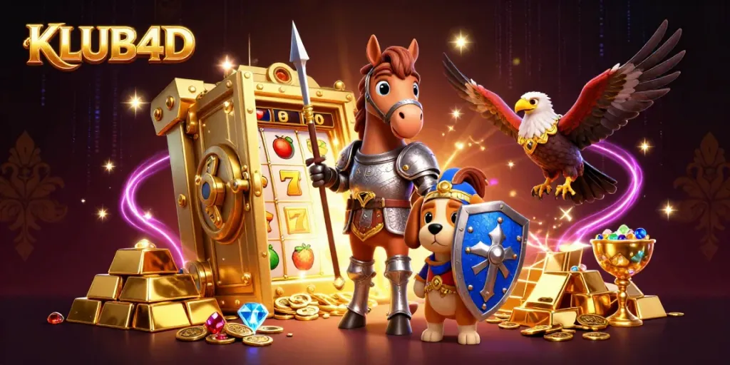 Permainan slot KLUB4D menampilkan ksatria, anjing kesatria, dan elang istana di sekeliling harta karun.