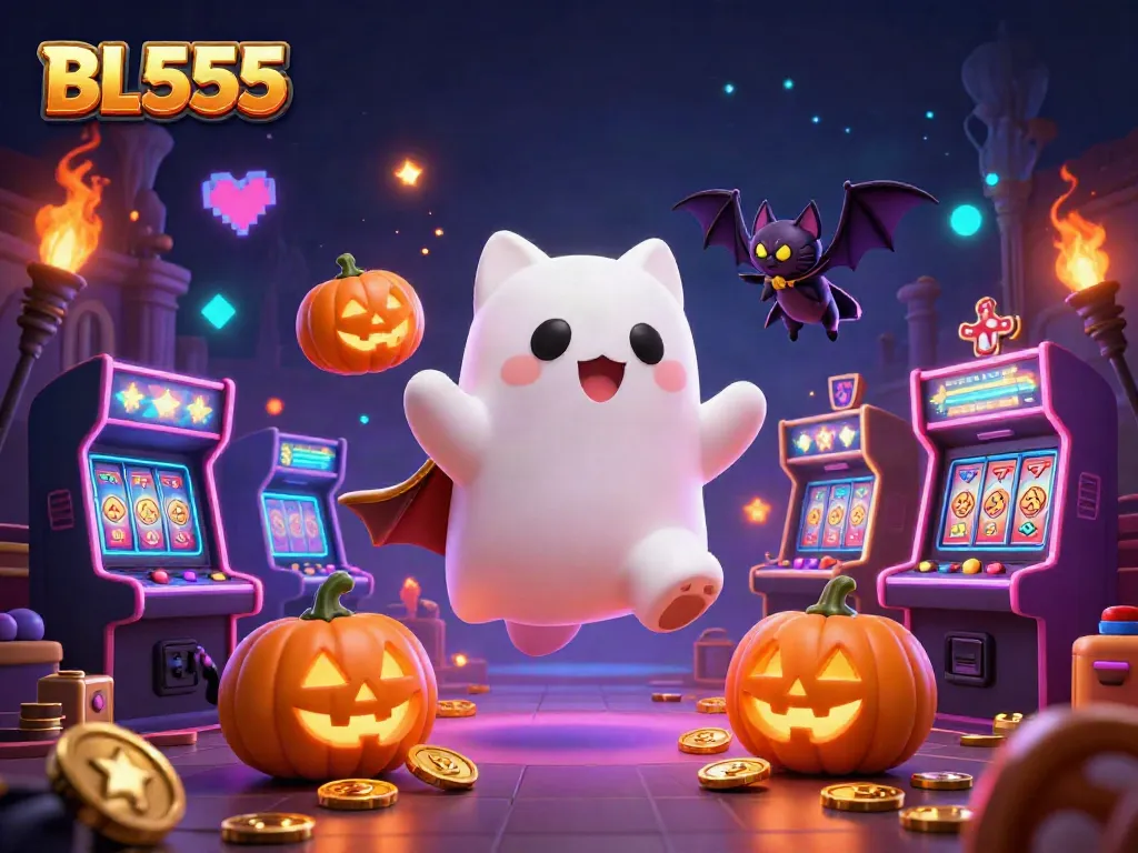Unleash the thrill of gaming with BL555 in this vibrant haunted casino scene.