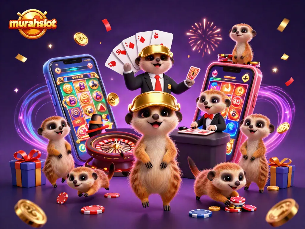 Experience the exciting atmosphere at murahslot with lively meerkats in a vibrant casino scene, celebrating wins.