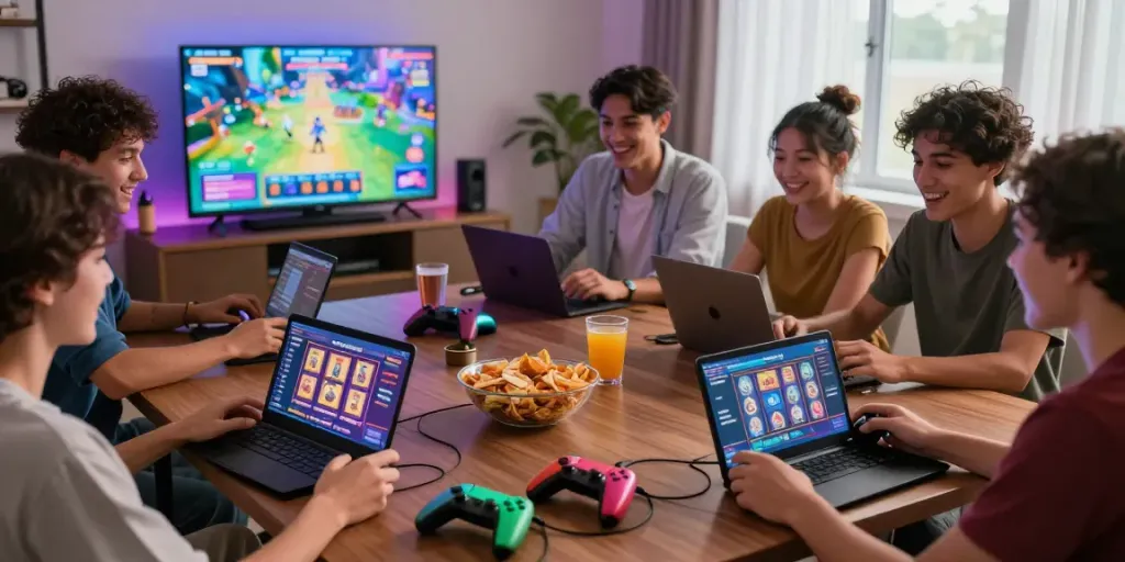 Friends enjoying slot gacor games on various devices in a cozy gaming environment.
