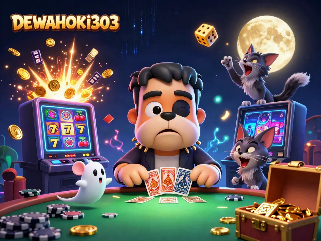 DEWAHOKI303 menampilkan karakter kasino yang membantu pemain meraih kemenangan dengan slot dan keberuntungan.