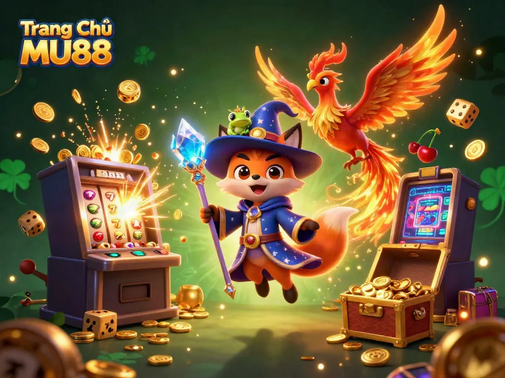 Engaging scene of Trang Chủ MU88 featuring a wizard fox and a phoenix amidst a vibrant casino background.