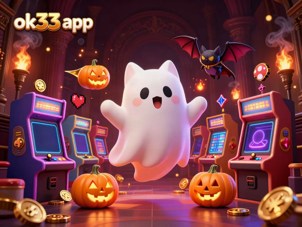 Engage with the exciting ok33 app in a haunted casino scene with a ghost cat and fun game elements.