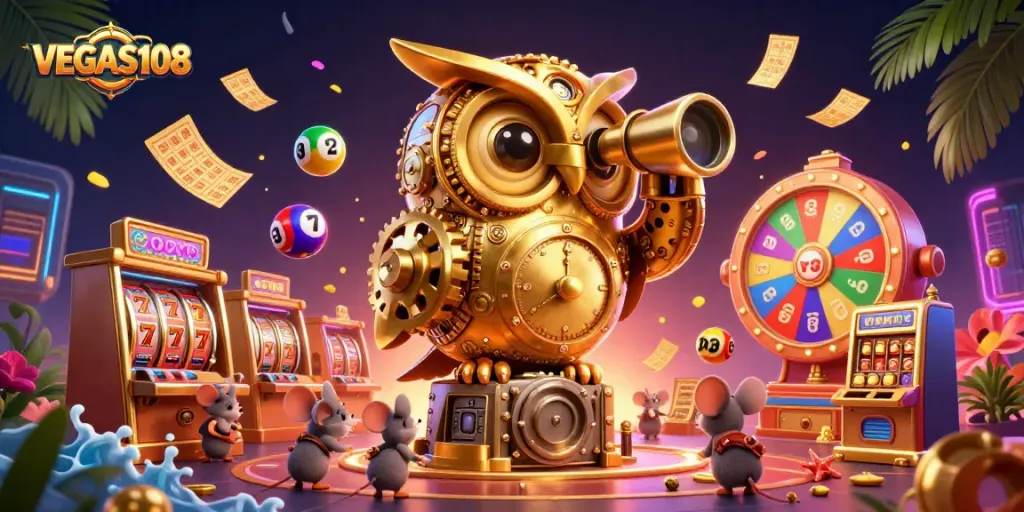 Engage with VEGAS108's thrilling slot machines and game elements in a vibrant casino scene.