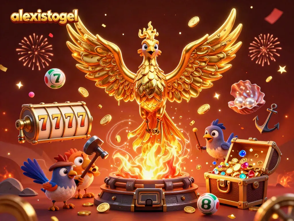 Gambarkan momen meriah di dunia alexistogel dengan phoenix emas dan slot mesin yang penuh keberuntungan.