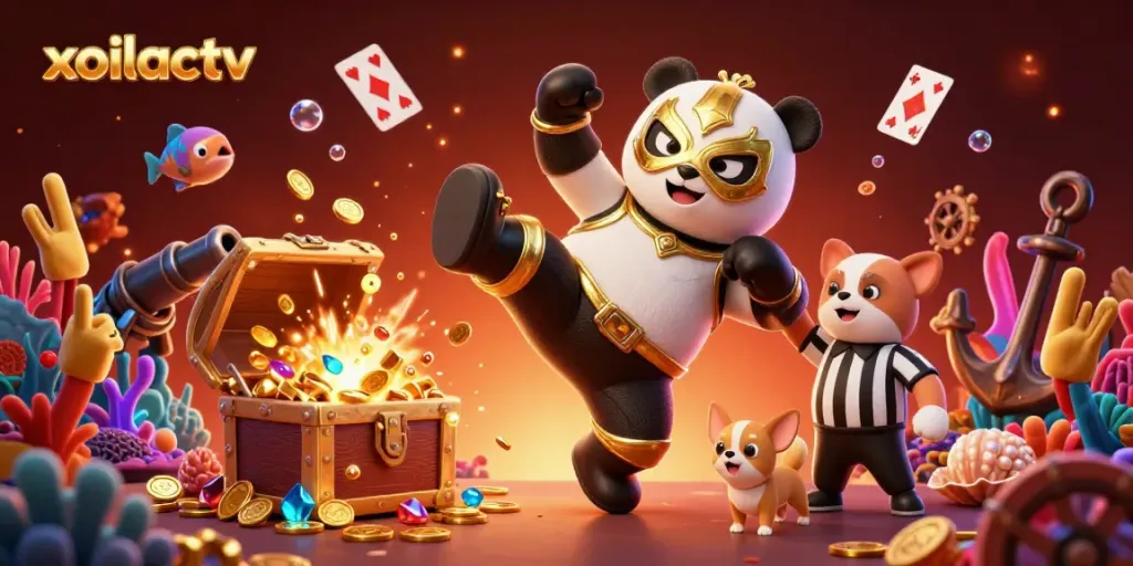 Xoilactv engages viewers with a lively scene of a panda wrestler and chihuahua referee amid colorful treasures.