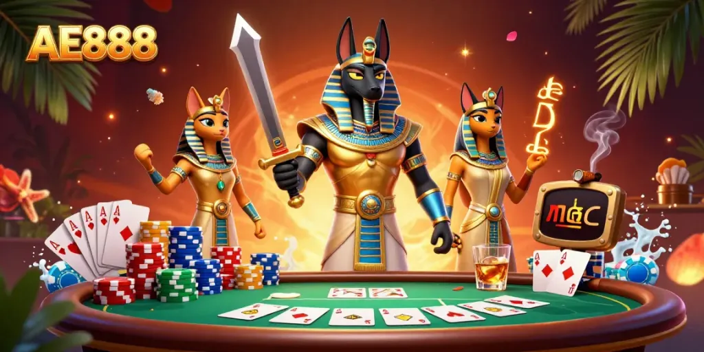 Engage with the vibrant AE888 scene featuring iconic characters, poker elements, and rich illustrations.