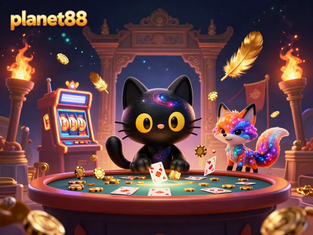Planet88 menarik chip emas dan kartu dalam dunia kasino digital yang penuh warna.