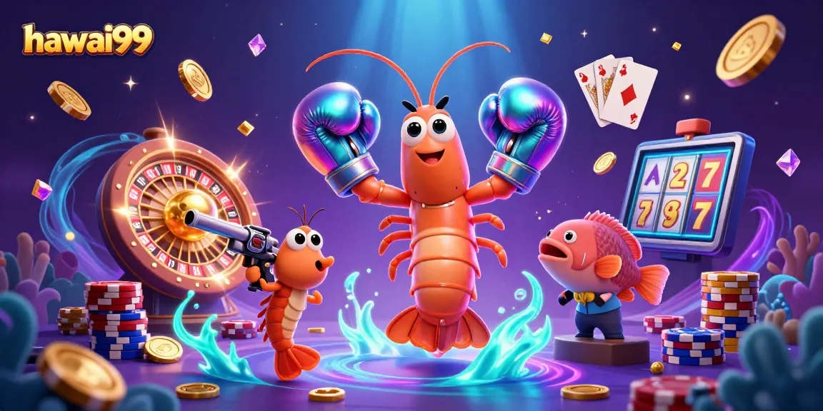 Win at hawai99 with dynamic gaming elements featuring cartoon shrimp amid coins and cards.
