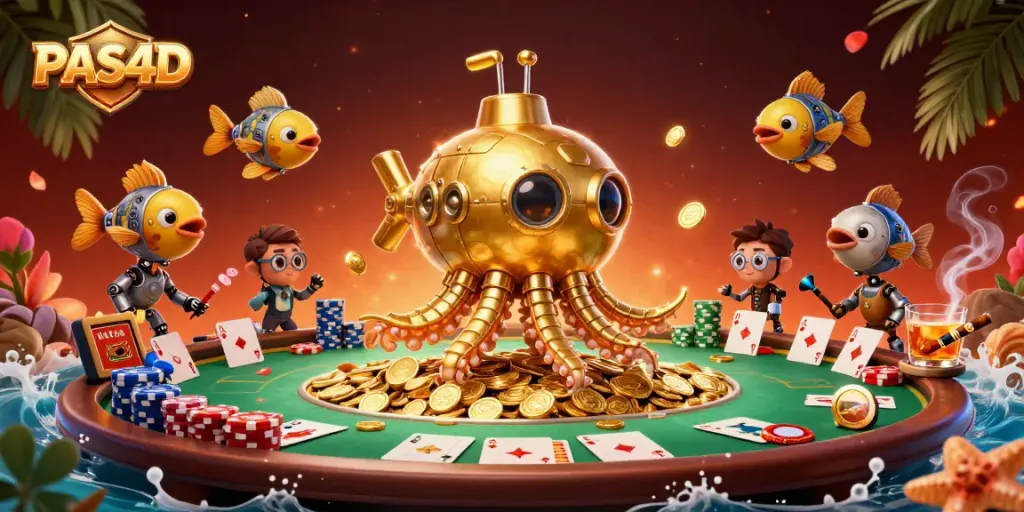 Permainan PAS4D menampilkan kraken kartun magis di lautan koin emas dan meja poker yang meriah.