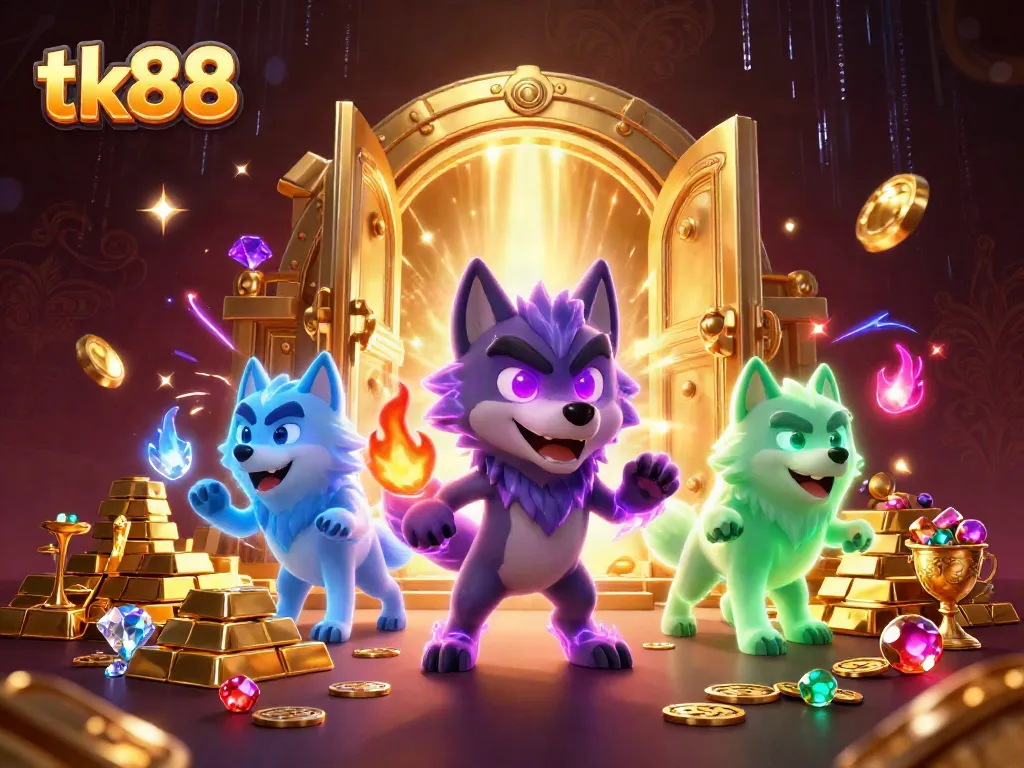 Experience the thrilling energy of tk88 with a vibrant 3D casino scene featuring ghostly wolves and treasures.