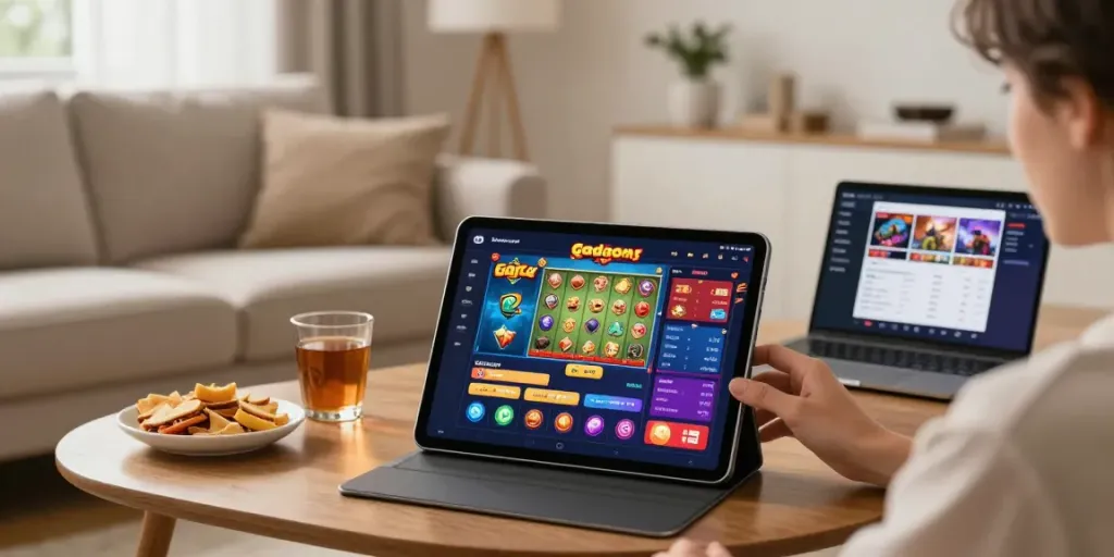 Engaged user playing slot gacor games on a tablet in a cozy setting.