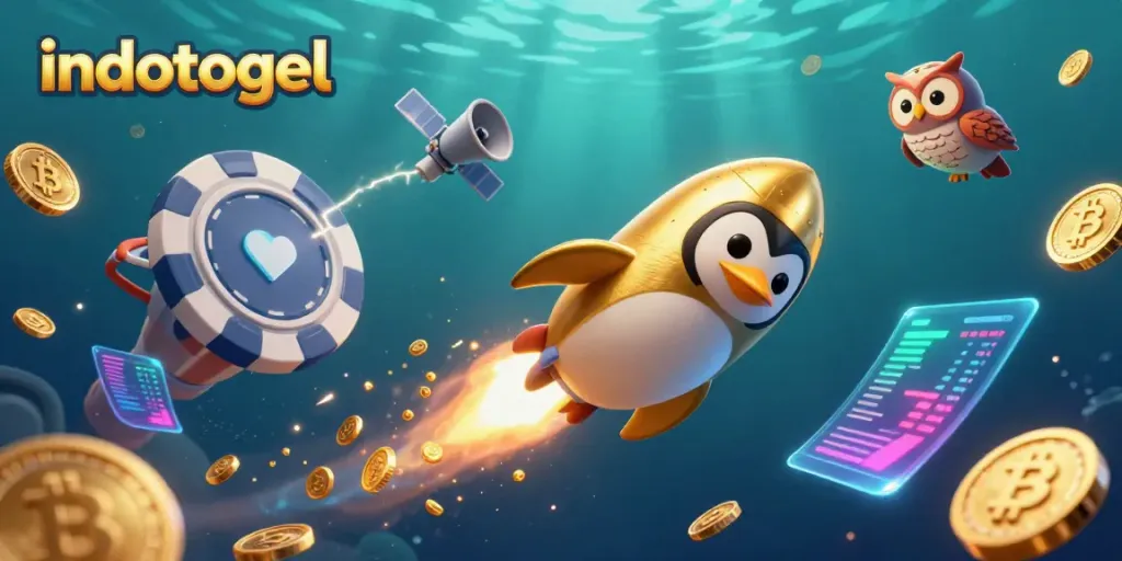 Indotogel showcases a golden penguin and casino elements in a vibrant cosmic adventure.