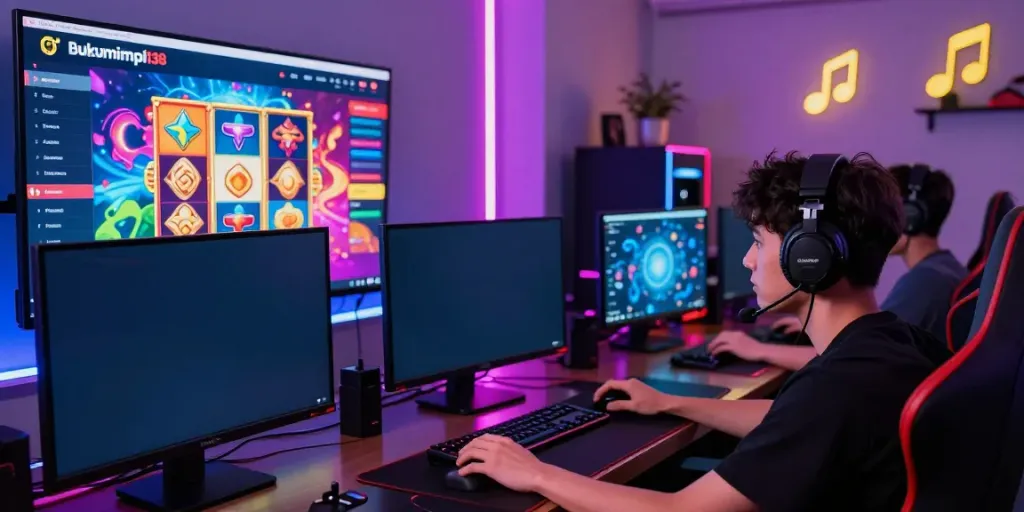 Permainan slot online bukumimpi138 dengan pemain fokus dalam suasana energik.