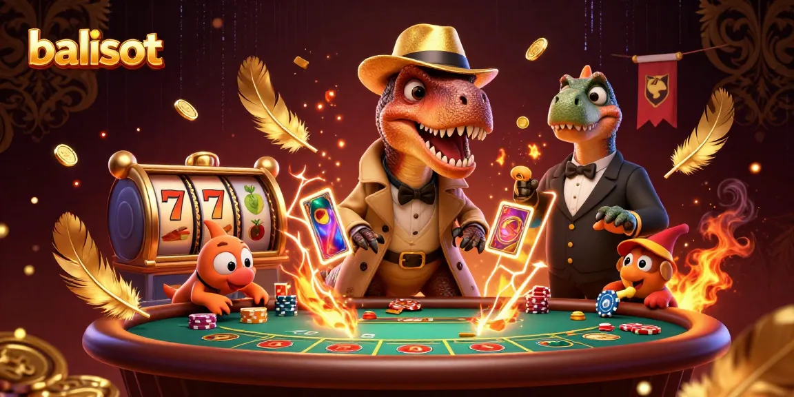 Gambarkan balislot dengan raptor dan dinosaurus di meja blackjack, dikelilingi koin emas dan simbol slot.