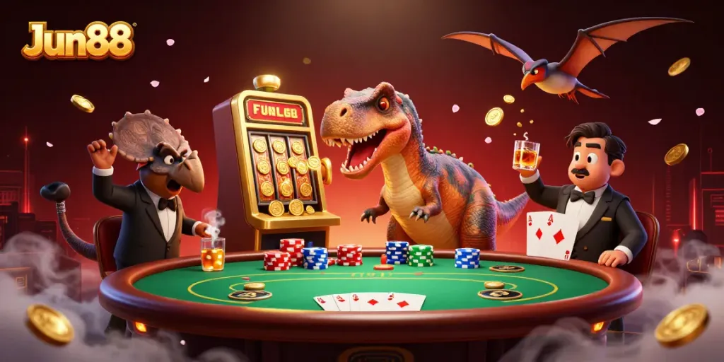 Jun88 captures a lively casino scene with a playful dinosaur hitting a jackpot.