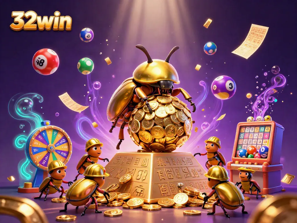 Experience 32win's exciting gaming universe with a golden dung beetle rolling coins in a vibrant casino-themed illustration.