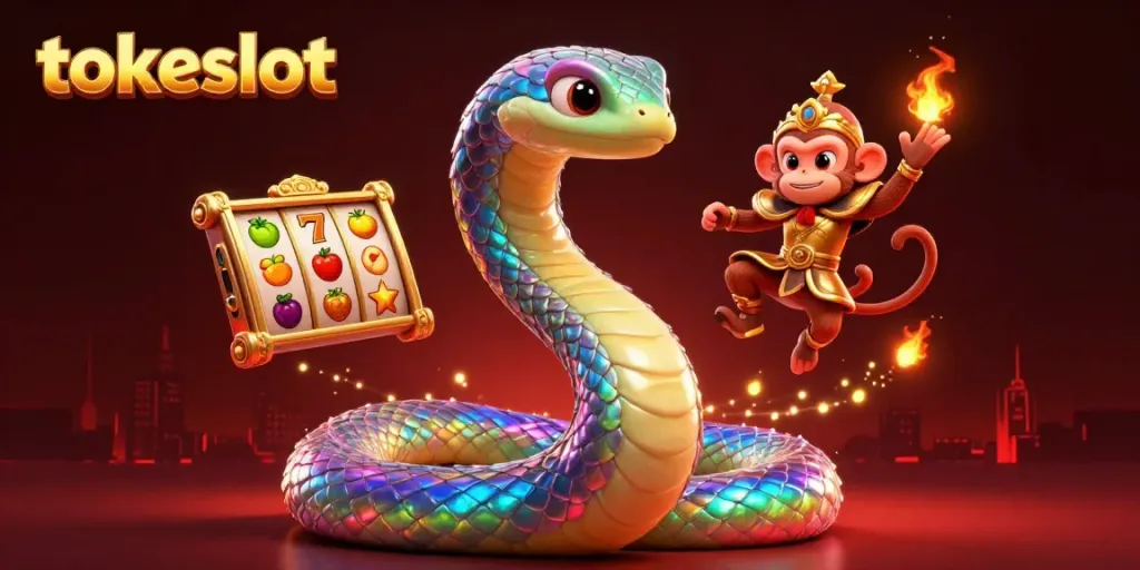 Menangkan jackpot di TokeSlot dengan ilustrasi kasino penuh warna yang menampilkan slot reels dan karakter ceria.