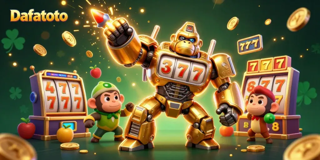 Menggambarkan Dafatoto, gorila emas transformator 3D siap bermain slot yang menonjol dengan detail menarik.