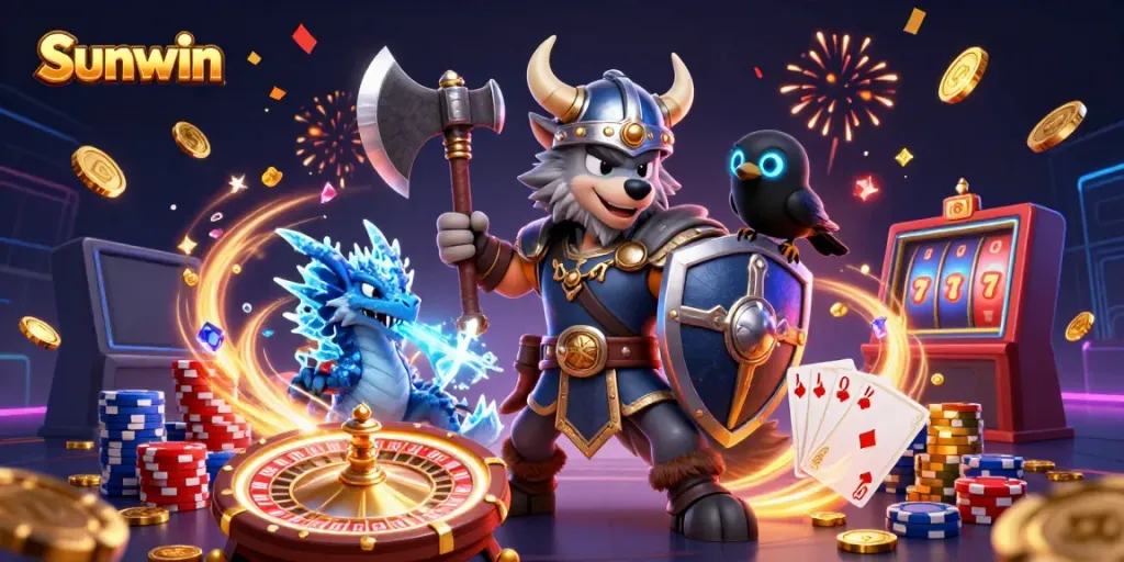 Engage with Sunwin's thrilling casino atmosphere with a Viking warrior, dragon, and raven amid vibrant casino elements.