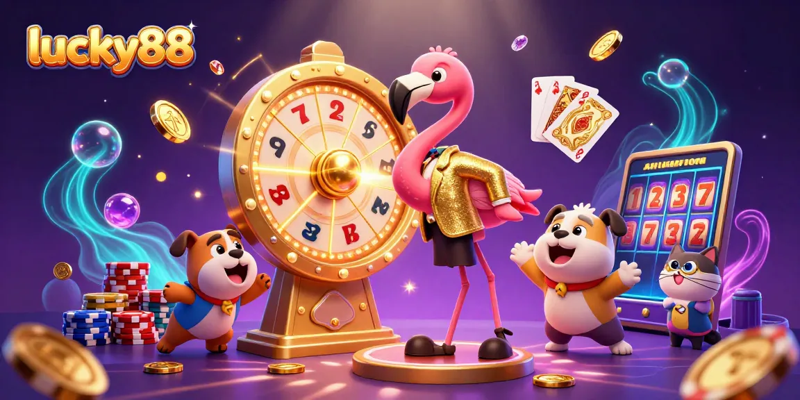 Win big at lucky88 with an engaging digital illustration of a game show scene featuring vibrant casino elements.