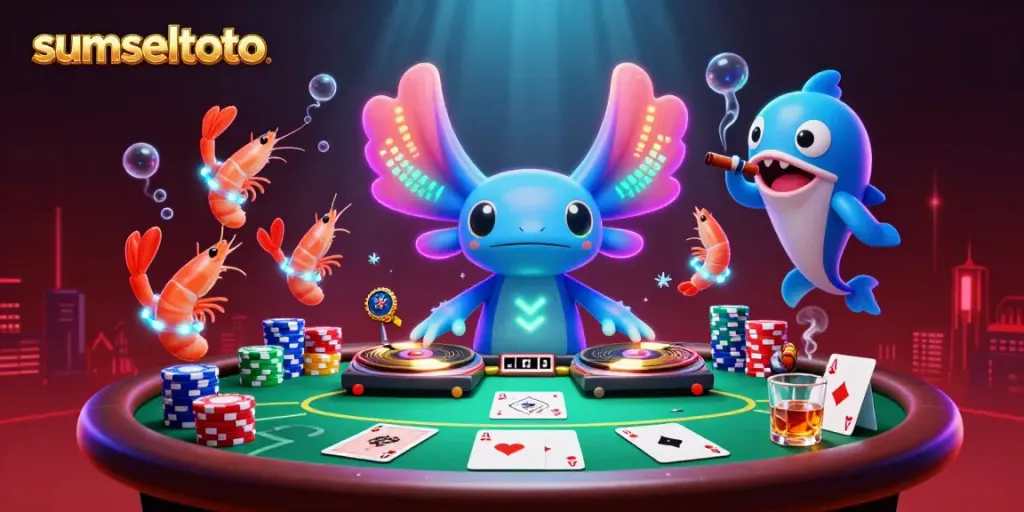 Sumseltoto themed illustration showcasing a neon-colored axolotl DJ and a vibrant underwater casino scene with poker elements.