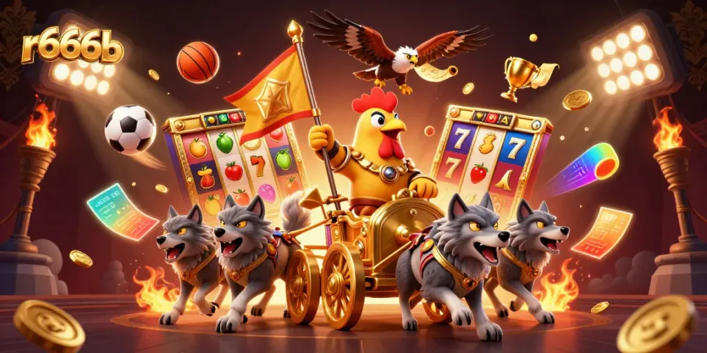 Engage with r666b in this vibrant 3D cartoon scene featuring a rooster warlord and dynamic casino elements.