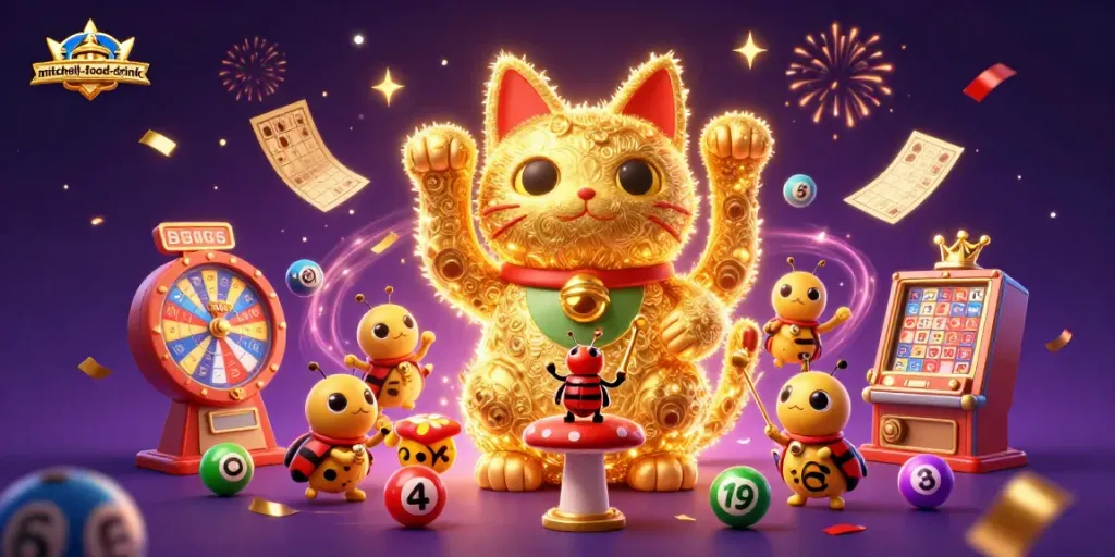 Experience the magic of mitchell-food-drink with a lively 3D illustration capturing the excitement of casino games.