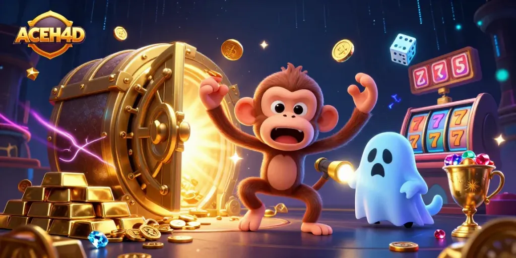 ACEH4D showcases a mischievous poltergeist monkey juggling casino treasures in an energetic scene.